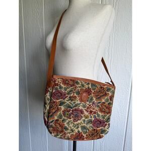 Vintage Floral Tapestry Crossbody Bag Leather Trim Boho Cottagecore Shoulder